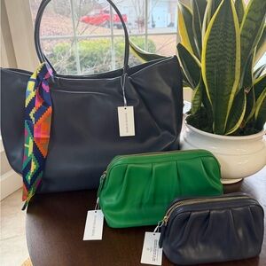 Mark & Graham navy tote with colorful scarf and 2 pouches NWT.